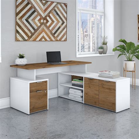 60W L Shaped Desk with Drawers in White and Fresh Walnut in Brown by Bush