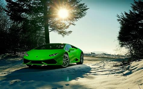 Wonderful raw green Lamborghini car in the snow Wallpaper Download 5120x3200