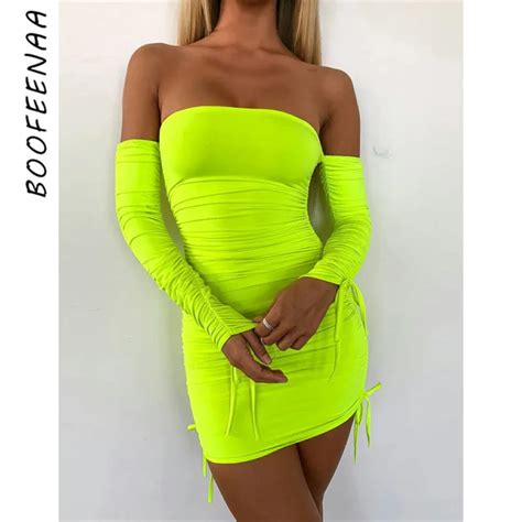 Aliexpress.com : Buy BOOFEENAA Neon Green Ruched Off Shoulder Long Sleeve Bodycon Dress Sexy ...