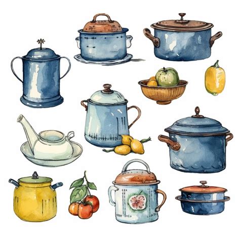 Premium AI Image | There are many different pots and pans that are painted in watercolor ...