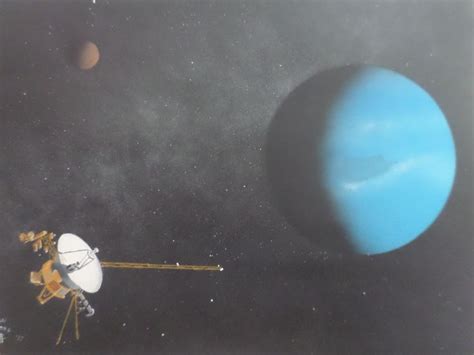 an artist's rendering of the planet and its satellites in space, with one blue object visible