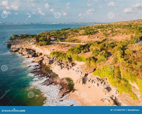 Aerial View of Sandy Beach with Ocean and Rocks in Bali. Stock Image - Image of view, aerial ...