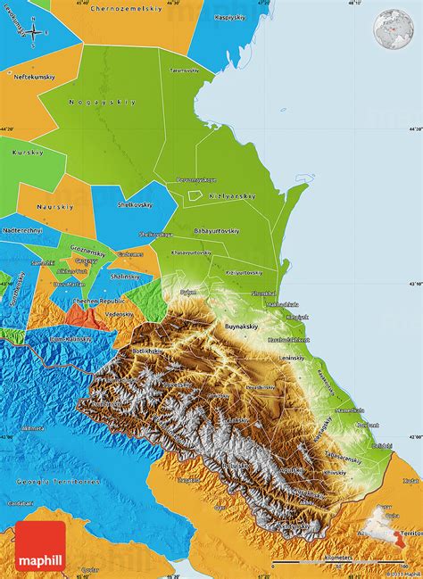 Physical Map of Republic of Dagestan, political outside