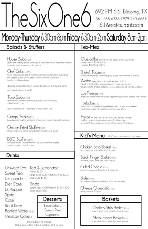 Our Menu – The Six One 6 Restaurant