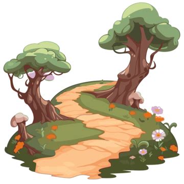 Path Clipart Cartoon Tree And A Path With Some Mushrooms And Flowers ...