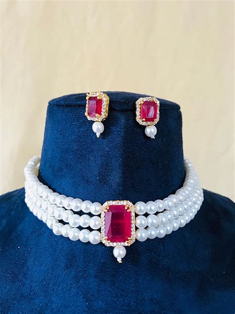 Red Stone Pearl Choker Necklace - Zakarto