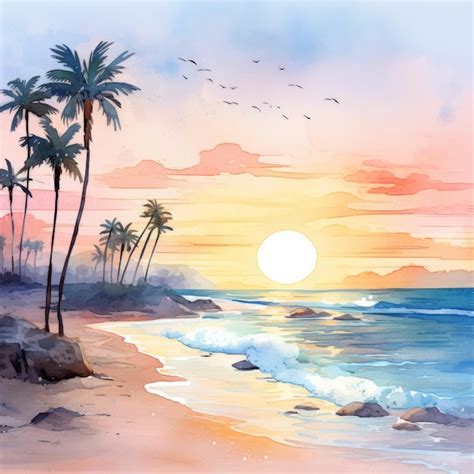 Tropical Beach Sunset Watercolor Painting | Premium AI-generated image