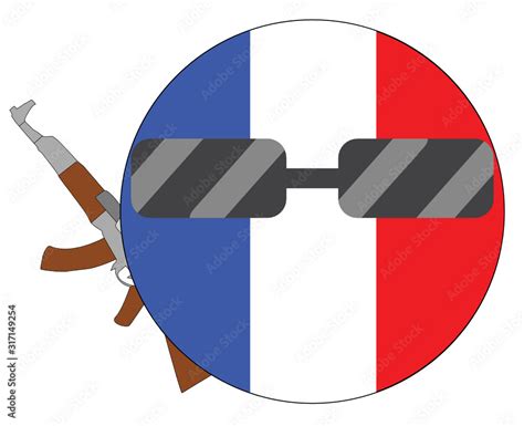 Cool France flag emoji. Round French flag emoticon wearing sunglasses and holding a machine gun ...