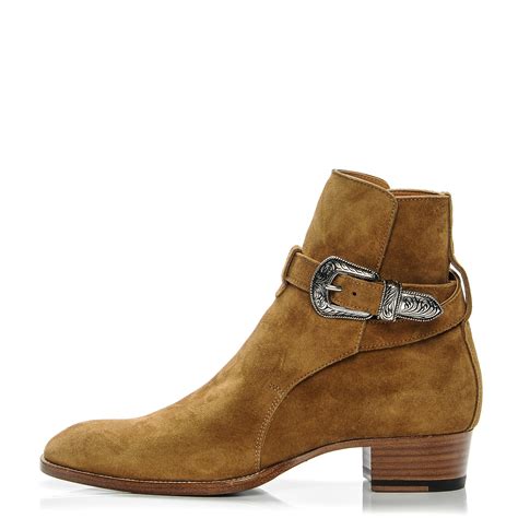 SAINT LAURENT Mens Suede Hedi Western Buckle Ankle Boots 41 Tan 193448