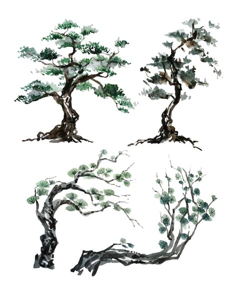 Premium Vector | Watercolor painting trees chinese brush style