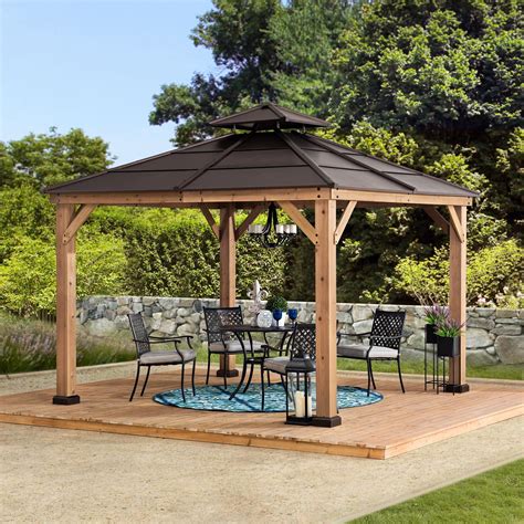 Sunjoy Missouri Collection 11 ft. x 11 ft. Cedar Framed Gazebo with Brown Steel 2-tier Hip Roof ...