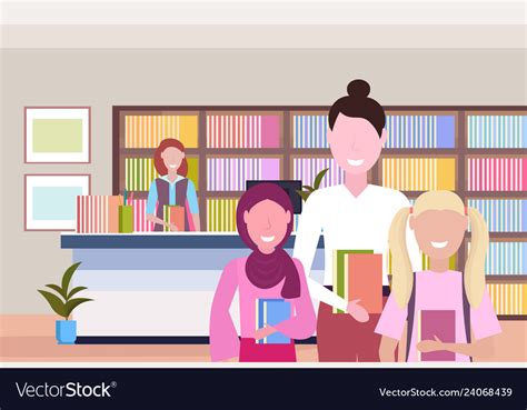 People borrowing books from librarian modern Vector Image