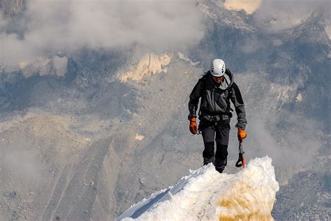 man, wearing, jacket, walking, mountain, covered, ice, summit, climb ...