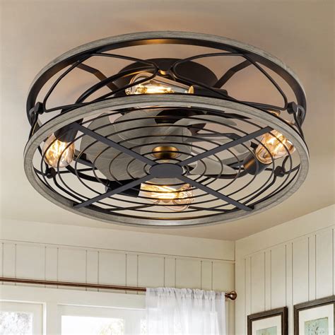 Buy Caged Ceiling Fan With Light, 20'' Industrial Bladeless Low Profile Ceiling fan Lights With ...