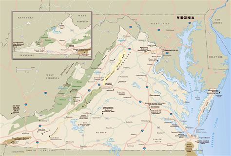 Large detailed map of Virginia state with national parks, highways and ...