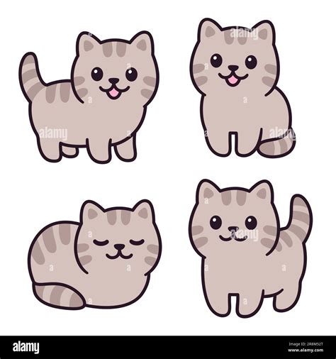 Tiny baby tabby kitten drawing set. Adorable little fat cat standing, sitting and lying. Simple ...