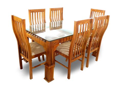 Buy OLIVE Furniture Teak Wood Dining Table with Glass top, Set of 6 Seater Wooden Chairs for ...