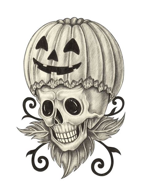 Skull Pumpkin Tattoo Halloween Day. Stock Illustration - Illustration ...