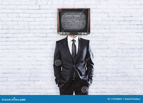 TV Man on Brick Background with Copyspace Stock Image - Image of equipment, brick: 113558801