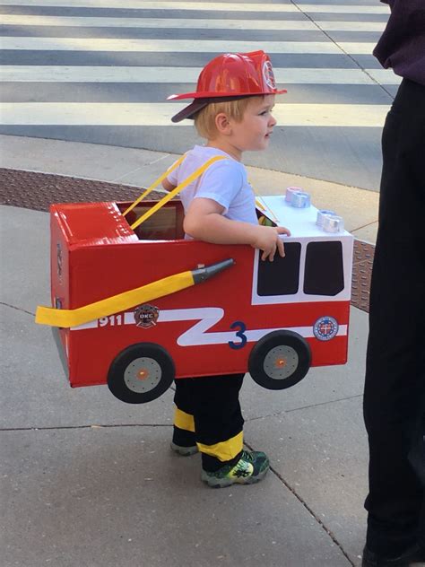 Toddler preschool boy fireman fire truck Halloween costume cardboard box fire truck | Fireman ...