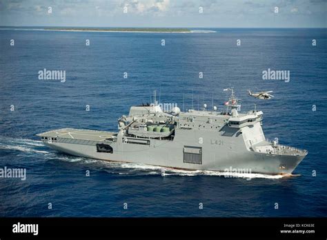 The Royal New Zealand Navy Protector-class amphibious sealift vessel HMNZS Canterbury steams ...