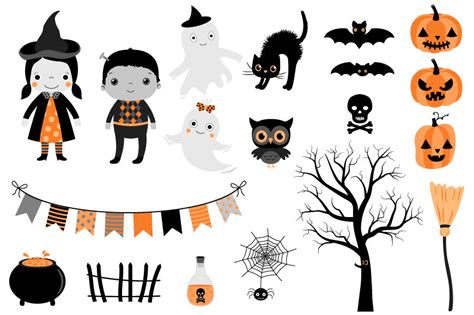 Cute Halloween clipart set, Kids in costumes, ghost, bunting, witch, pumpkin clip art By ...