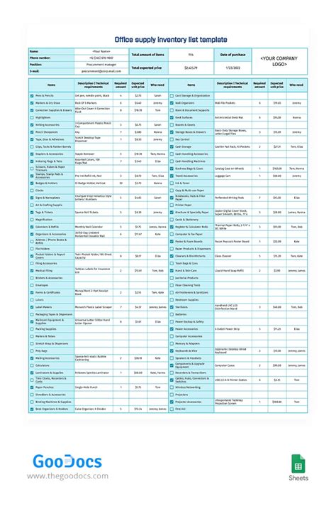 Free Office Supply Inventory List Template In Google Sheets