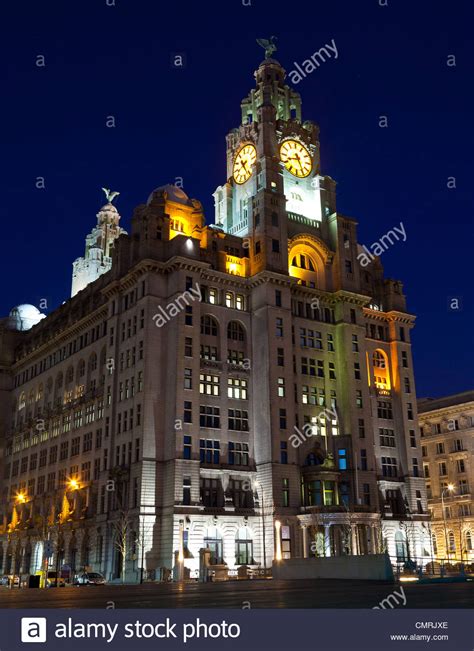 Liverpool's iconic Liver Building at night shot from Pier Head looking North/East. Owned by the ...