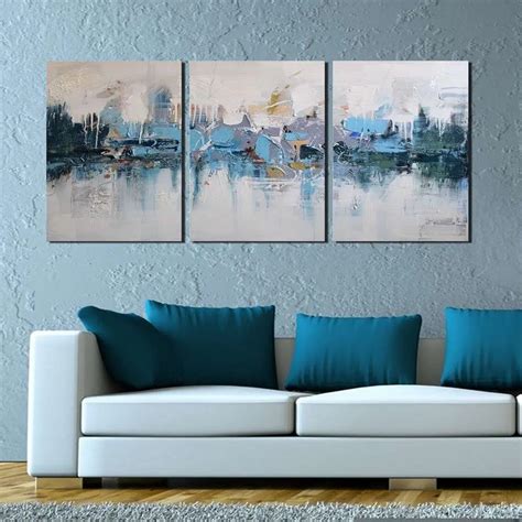 Modern Abstract Oil Painting "Blue Villages" 3 Piece Gallery Wrapped Wall Art on Canvas for ...