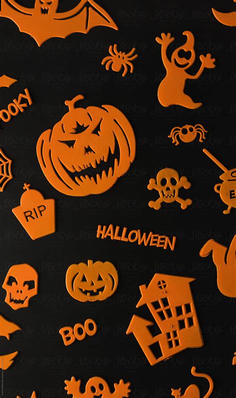 "Orange Halloween Decoration Elements On Black Baground." by Stocksy ...