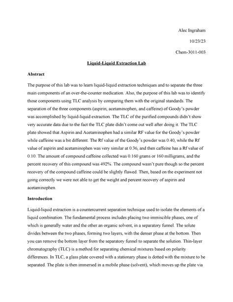 Lab Report Liquid-Liquid Extraction - Alec Ingraham 10/23/ Chem-3011- Liquid-Liquid Extraction ...