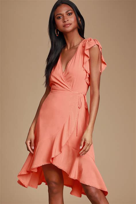 Pretty Peach Dress - Wrap Dress - Midi Dress - Peach Wrap Dress - Lulus