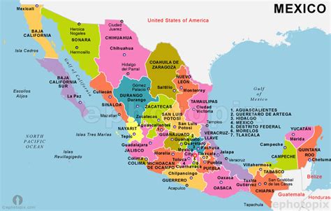 Map of Mexico states and capitals - Mexico map with states and capitals (Central America - Americas)