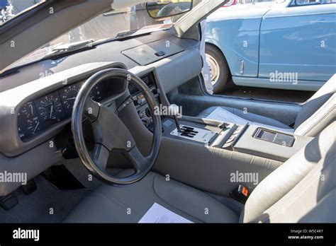 DMC DeLorean motor car and interior shot of steering wheel and ...