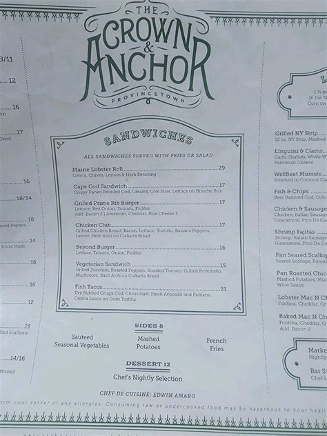 Menu at The Crown & Anchor pub & bar, Provincetown, 247 Commercial St