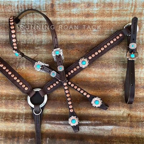 "1880" Chocolate Tack Set with Large Copper Dots, Turquoise Flower Conchos and Matching Buckles ...