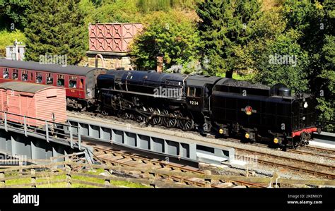 BR Standard class 9F locomotive No 92134 at Goathland station, North Yorkshire Moors Railway ...