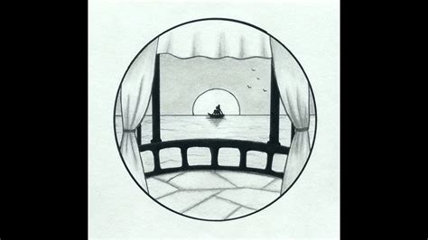 Pencil Drawing in a Circle|Easy Pencil Shading for Beginners|Balcony and Sea Drawing and Shading ...