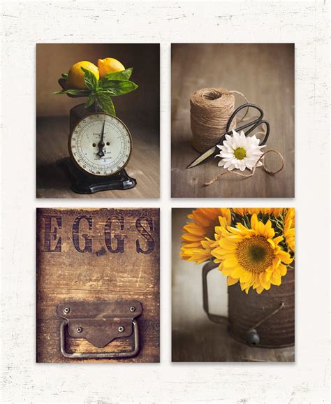 Rustic Kitchen Wall Art SET of FOUR Prints or Canvases Brown