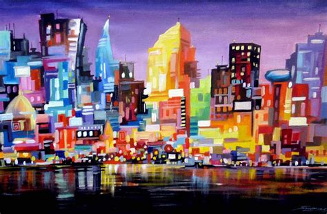 Night Abstract Cityscape-Acrylic on Canvas Painting Acrylic painting by Samiran Sarkar | Artfinder