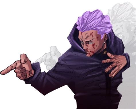 an anime character with purple hair pointing to the side and holding his hand out in front of him