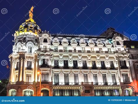 Architecture of Gran Via Street at Night, Madrid, Spain Stock Image - Image of ancient, palace ...