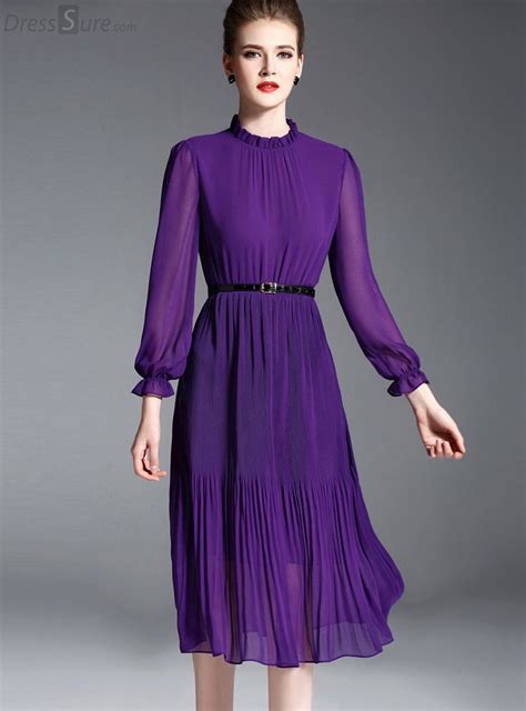 Buy Elegant Chiffon Stand Collar Long Sleeve Purple Pleated Skater Dress Without Belt with High ...