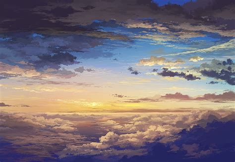 HD wallpaper: sky, clouds, sunset, sunrise, painting, anime, cloud ...