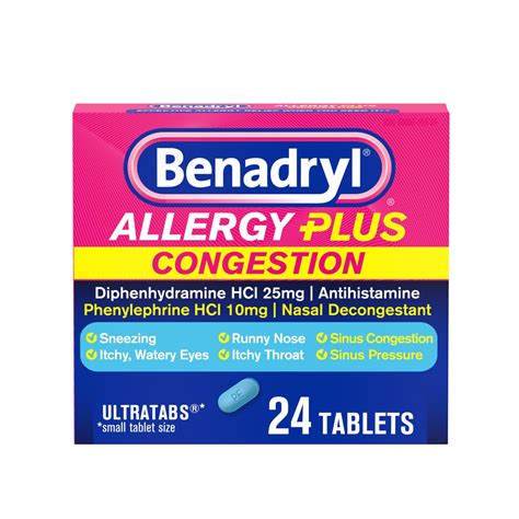 Benadryl Allergy Plus Congestion Ultratabs, Allergy Medicine with Diphenhydramine HCl ...