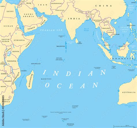 Indian Ocean political map. Countries and borders. World's third largest ocean division, bounded ...