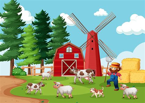 Farmer with animal farm in farm scene in cartoon style 1482356 Vector Art at Vecteezy