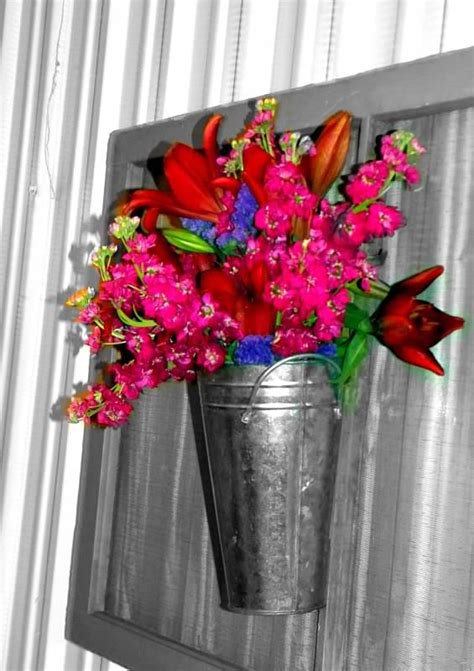 Fresh Flowers in tin buckets on old window screens | Old window screens ...