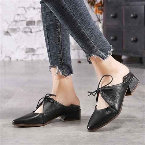 2019 new style pointed shoes women lace pumps square heal work shoes black office ladies shoes ...