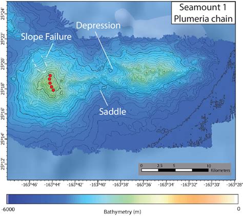 Color-shaded relief bathymetric map of Seamount 1 is shown. The contour ...